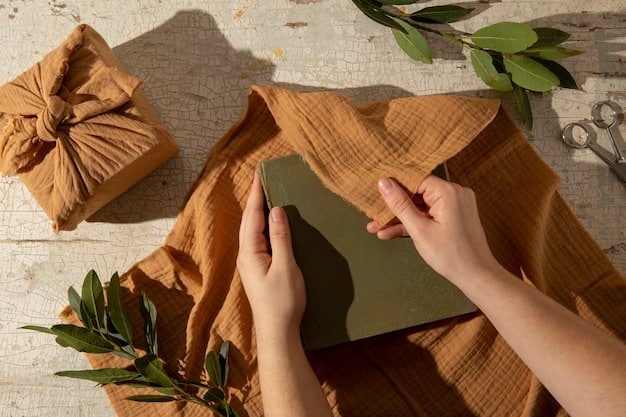A close-up of a hand holding a tag indicating the material of a garment is organic cotton, with the background subtly showing more sustainable clothing options.