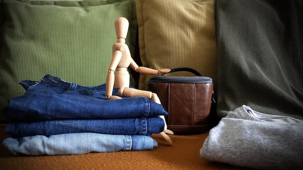 A close-up of a neatly organized closet showcasing essential pieces: a well-worn denim jacket, a stack of soft cotton t-shirts in neutral colors, a selection of comfortable jeans in various washes, and a few classic sweaters. The closet exudes a sense of calm and curated simplicity.