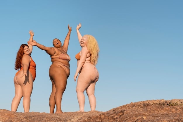 Three women with different body types (hourglass, pear, and apple) standing side-by-side, each wearing a pair of jeans that flatters their figure. The image visually demonstrates how different cuts and styles can enhance each body type.