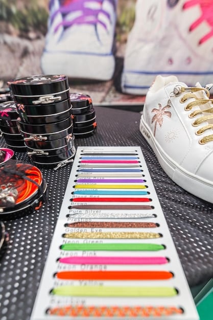 A close-up of various customized sneakers featuring different designs and colors, highlighting details such as hand-painted artwork, unique textures, and personalized elements. The image emphasizes the artistry and individuality in sneaker customization.