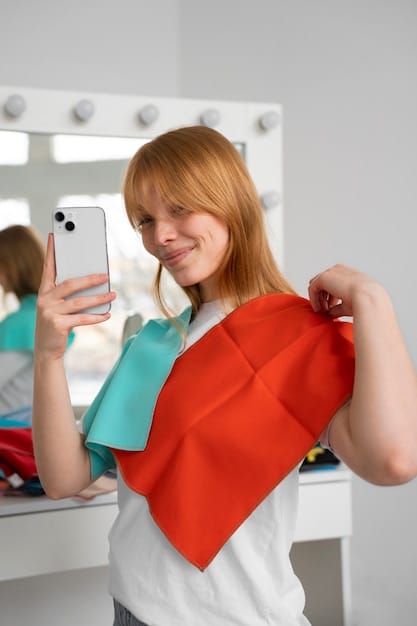 A mirror selfie of a woman wearing a casual outfit with a bold necklace and a patterned scarf, demonstrating how to effectively balance statement accessories.