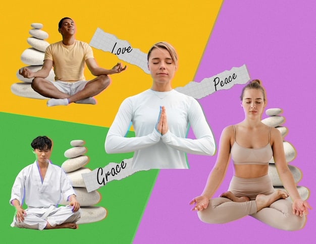 A collage showing different meditation poses and techniques, such as mindfulness meditation, guided meditation, and breathing exercises.