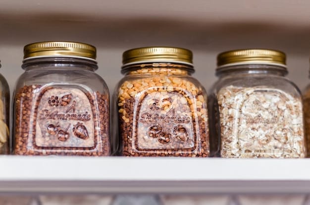 A beautifully organized pantry with clear containers filled with grains, nuts, and seeds. Labels are neatly attached to each container. The overall impression is one of order, cleanliness, and visual appeal.
