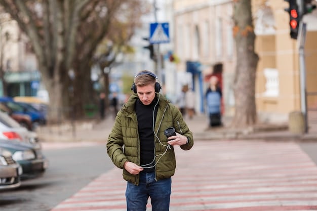 A person using noise-canceling headphones while mindfully walking in a busy city street, focusing on their breath and posture. The backdrop includes blurred pedestrians and traffic, highlighting the contrast between the internal focus and external activity.