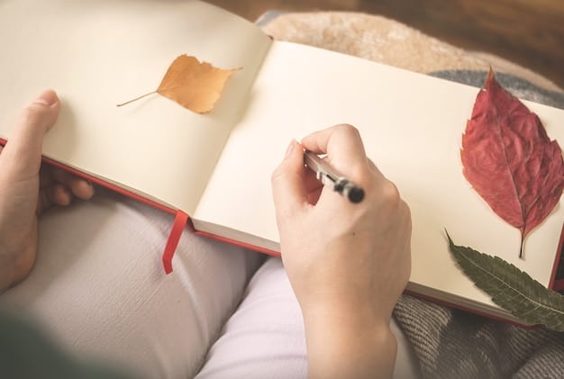 A close-up shot of a hand writing in a journal, focusing on the pen and paper. The words being written are illegible but convey a sense of deep thought and reflection. The lighting is warm and inviting, creating a sense of intimacy.