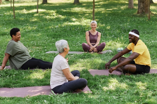 A group of diverse people practicing yoga outdoors in a sunny meadow. They are all smiling and appear relaxed and content.