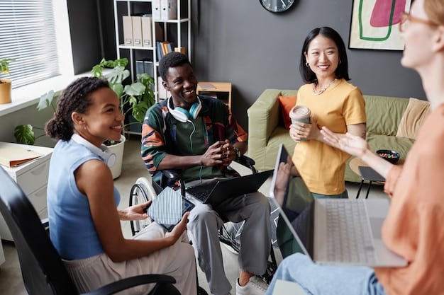 A group of people working collaboratively in a diverse team, smiling and providing positive feedback, demonstrating respectful and inclusive communication in the workplace.