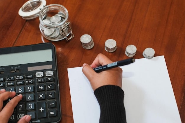 A close-up of a hand writing in a financial journal, with coins and a calculator nearby, emphasizing the act of tracking expenses and budgeting.