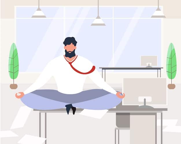 An employee sitting at their desk, pausing to do a simple mindful breathing exercise. Their eyes are closed, and they are holding a hand over their chest, focusing on their breath. The scene is a typical office environment but with a sense of calm.
