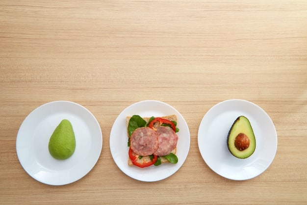 Two plates side-by-side, one showing a high-carb, low-protein meal and the other showing a low-carb, high-protein meal. The plates are styled to look appealing and showcase the difference in macronutrient ratios.