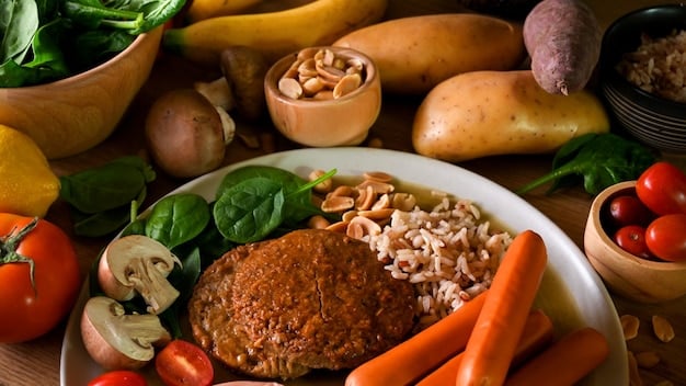 A close-up shot of a diverse plate of food, highlighting complex carbohydrates (whole grains, vegetables), lean protein (chicken or fish), and healthy fats (avocado slices). Focus on the visual appeal and balance of the meal.