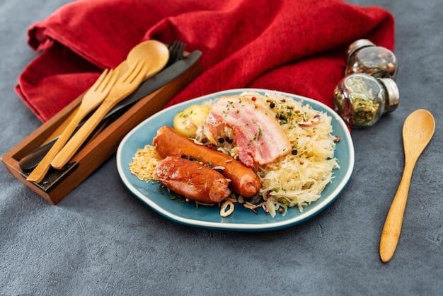A colorful plate featuring sauerkraut served alongside grilled sausages, showcasing its versatility as a dish.