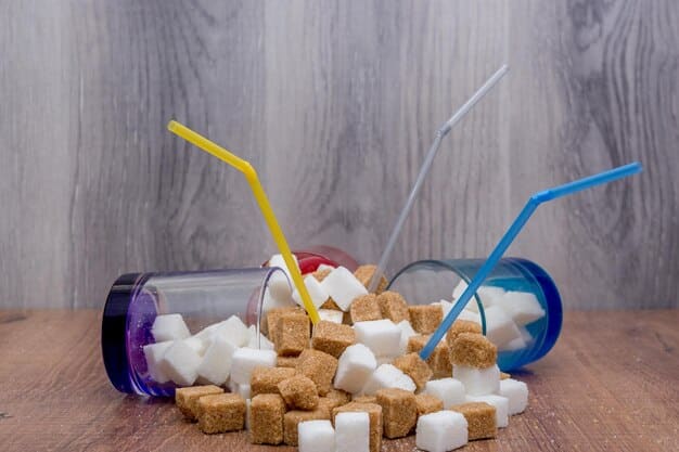 A visual representation of sugar cubes next to common food items like soda, candy bars, and a fruit bowl. The sugar cubes are arranged to show the equivalent amount of added sugar in each item, helping viewers understand the sugar content at a glance.