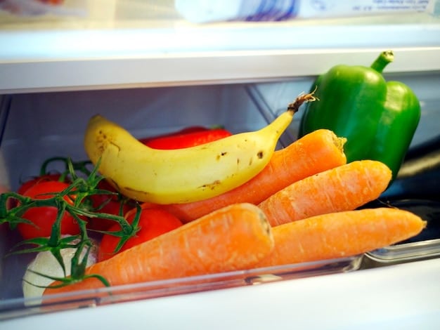 A close-up shot of a refrigerator filled with fresh fruits, vegetables, and healthy meal prep containers. Focus on the vibrant colors of the produce and the organized arrangement inside the fridge.