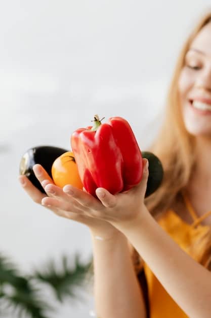 A close-up shot of a person's hands holding a variety of colorful fruits and vegetables, emphasizing the importance of fresh, whole foods for stress management.