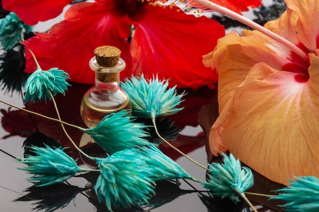 An artistic arrangement showcasing different fragrance ingredients, such as flower petals (for floral scents), spices (for oriental scents), wood shavings (for woody scents), and citrus fruits (for fresh scents), each grouped separately to represent the different fragrance families.