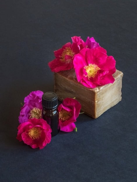 Close-up of different perfume ingredients like rose petals, jasmine flowers, and cinnamon sticks, artistically arranged to represent middle notes.
