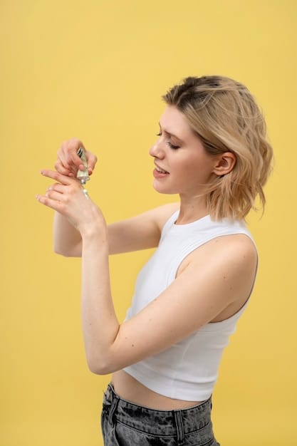A close-up shot of a woman sniffing the nozzle of a perfume bottle with a slightly puzzled expression, highlighting the attempt to identify a change in the fragrance's scent. The background is softly blurred.
