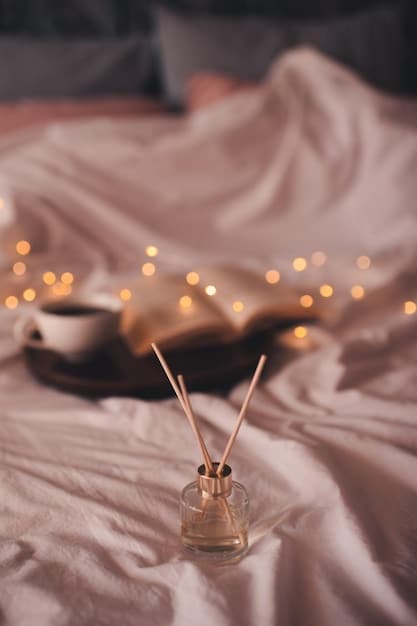 An aromatherapy diffuser releasing scented mist in a dimly lit room, creating a calming atmosphere. Soft, warm light illuminates the scene, enhancing the sense of relaxation.