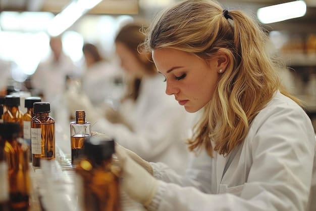 A perfumer in a lab, carefully measuring and blending essential oils and fragrance compounds with precision tools. The background includes shelves filled with various raw materials and glass bottles.