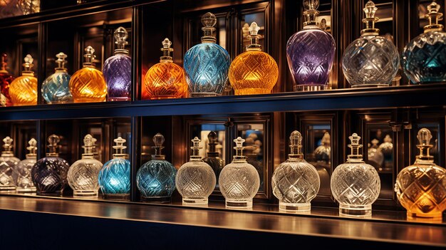 A well-organized shelf in a niche perfume boutique, displaying various perfume bottles with elegant labels and unique designs. Soft lighting highlights the details of each bottle.