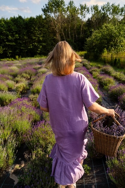 A lush, green field of lavender flowers being harvested by hand. The workers are wearing light-colored clothing, and the scene is bathed in warm sunlight.