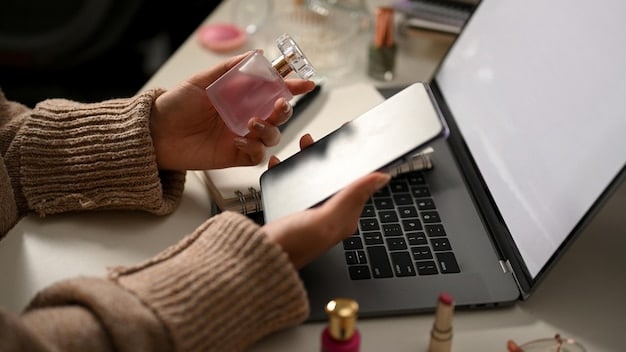 A laptop displaying a perfume review website with detailed descriptions of fragrance notes and user ratings.