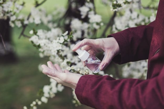 A close-up shot of a person's wrist being sprayed with a light, floral perfume, with a blurred background of blooming spring flowers. The lighting is soft and natural, emphasizing the delicate nature of the scent.