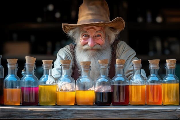 A perfumer's organ featuring various bottles of essential oils and fragrance compounds used in creating perfumes. The setting is a traditional perfume laboratory.
