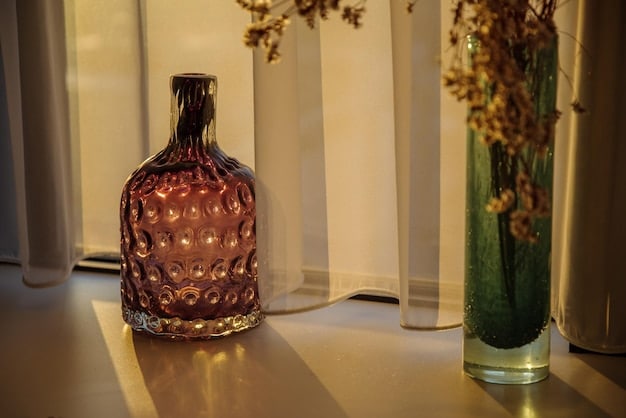 A close-up shot of a vintage perfume bottle sitting on a dresser. The bottle is intricately designed and partially filled with a golden liquid. Soft, diffused light highlights the details of the bottle, creating a sense of nostalgia and timelessness.