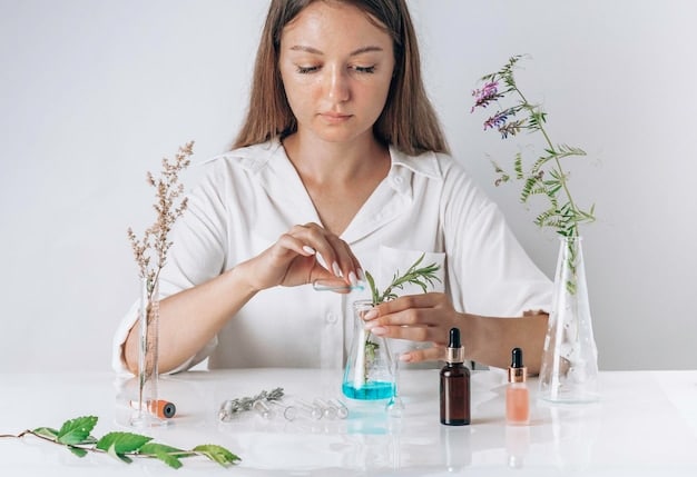 A perfumer carefully blending natural and sustainable ingredients in a laboratory. Vials of essential oils and plant extracts are visible, emphasizing the use of natural elements in creating ethical fragrances.