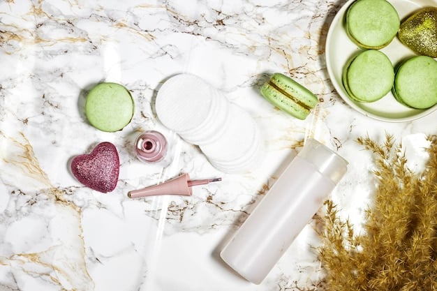 A skincare routine laid out on a marble vanity, featuring a cleanser, toner, moisturizer, and a primer. The products are clean, modern, and suggest a focus on hydration and preparation.