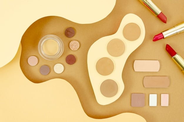 A flat lay of various makeup products including liquid foundation, creamy concealers, and a compact powder. The items are arranged aesthetically on a marble surface with soft, diffused lighting, emphasizing texture and shade.
