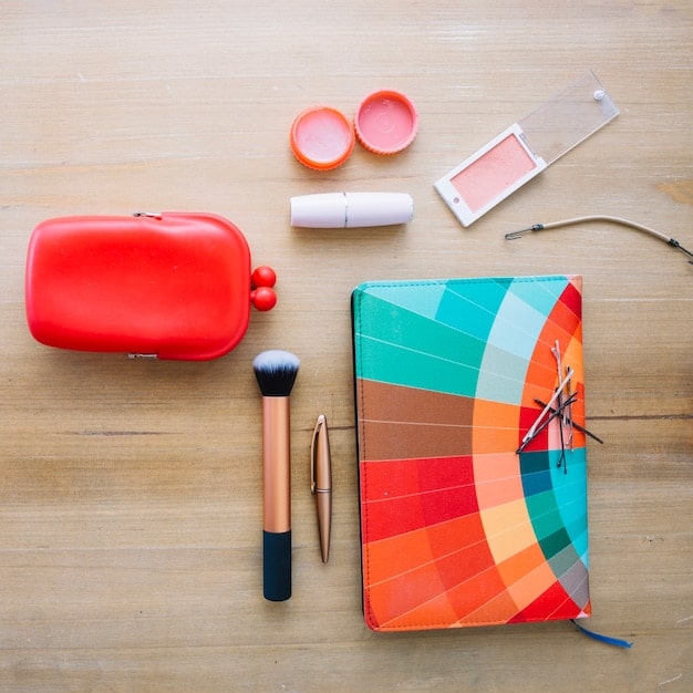 A neatly organized makeup bag filled with various cosmetic products, with a focus on their accessible storage and visible labels.