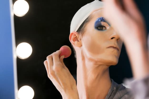 A person with multiple foundation swatches on their jawline, neck, and inner arm, illuminated by both natural and artificial light sources. A magnifying mirror is subtly in the background.