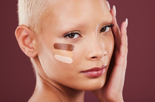 A close-up of a person's face showing perfectly blended foundation transitioning seamlessly from face to neck, with a soft-focus background of makeup tools.