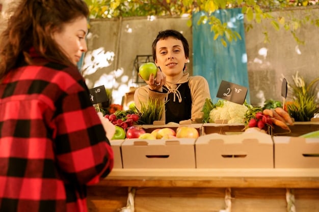 A person happily choosing fresh fruits and vegetables at a farmer's market, symbolizing sustained healthy eating habits.