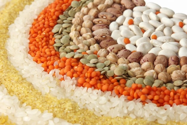 A close-up shot of a variety of dried legumes and whole grains, such as lentils, chickpeas, brown rice, and oats, artfully arranged in measuring cups or small bowls to highlight their abundance and accessibility.