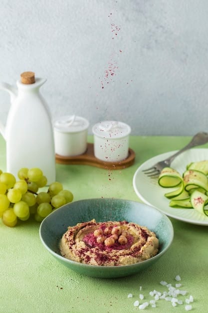 A close-up of a vibrant bowl of gut-friendly foods like fermented vegetables, a slice of avocado, and whole grains, with probiotic yogurt in the background.