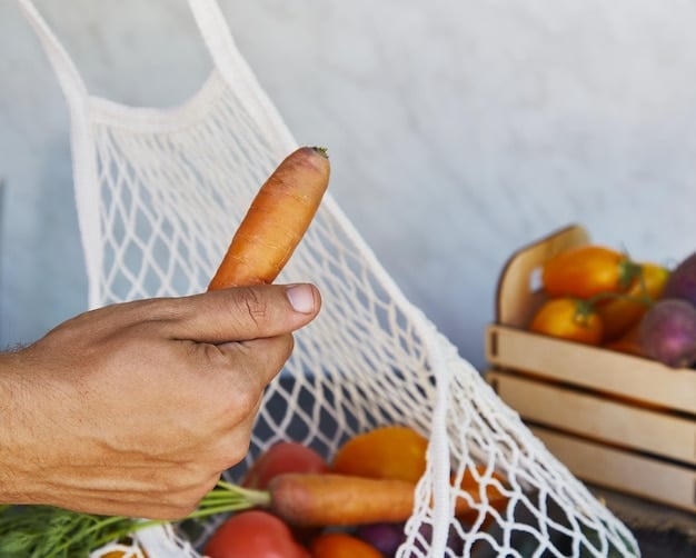 A close-up shot of a shopper examining the 'Organic' label on a bunch of carrots in a vibrant, well-lit grocery store, highlighting the importance of informed sustainable food choices.