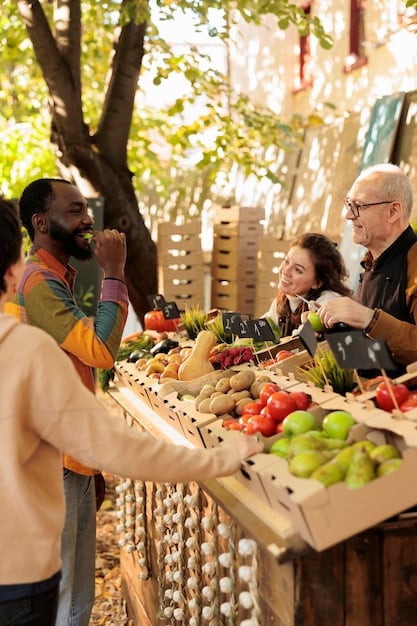 A vibrant, bustling farmers' market scene, with diverse fresh produce on display, farmers interacting with customers, and a general sense of community and abundance.
