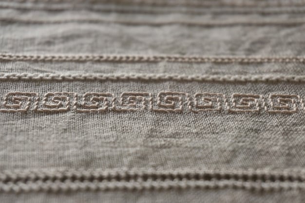 Close-up of a high-quality fabric showcasing intricate artisanal embroidery patterns, possibly on a linen or cotton garment, highlighting texture and detail.