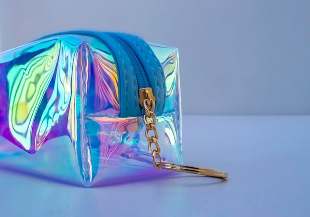A detailed shot of a stylish metallic handbag with iridescent effects, perhaps catching ambient light, against a clean, modern background.