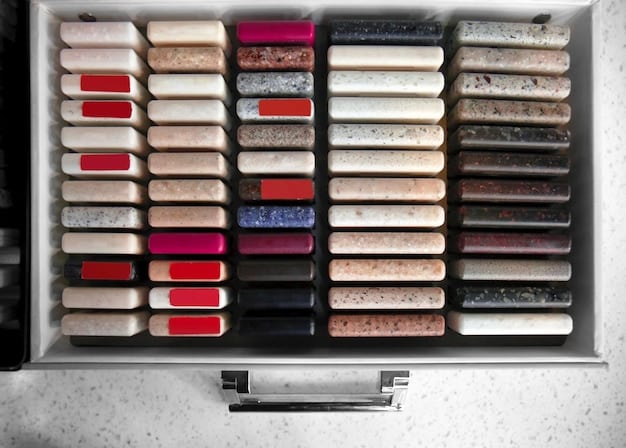 A neatly organized makeup drawer with acrylic dividers, showcasing various beauty products categorized by type: eye, lip, and face.