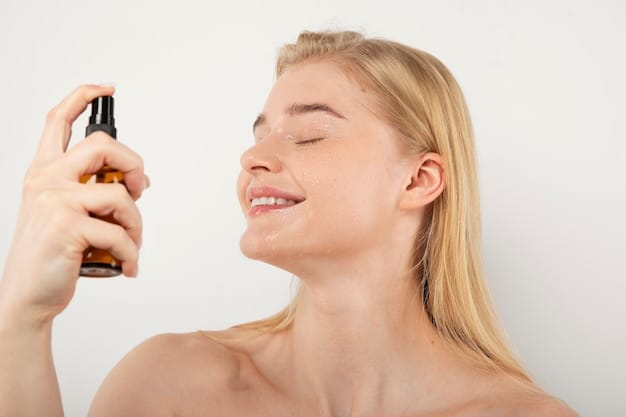 A woman spritzing a refreshing facial mist over her face, her eyes closed, with a soft focus on droplets, conveying a sense of coolness and rejuvenation.