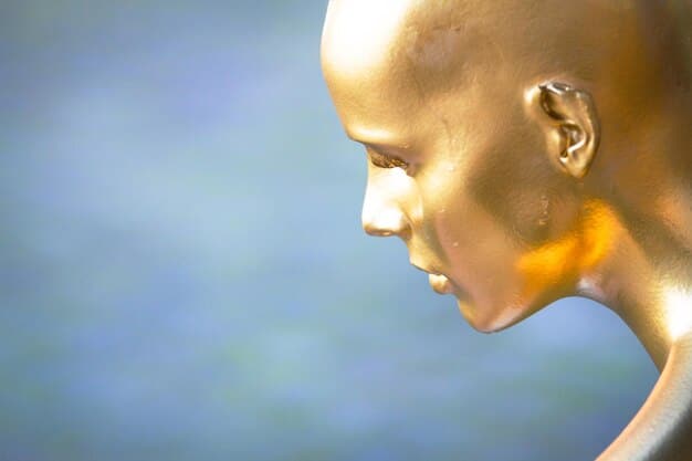 A close-up of a model's ear, showcasing a large, asymmetrical, gold-toned sculptural earring with an organic, flowing shape, catching subtle sunlight against a blurred spring floral background.