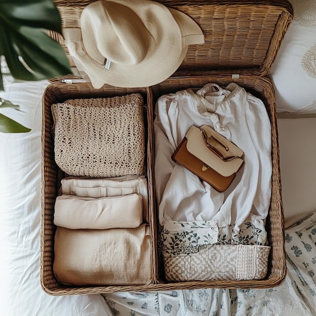 A neatly organized open suitcase showing a curated selection of summer clothing in a neutral color palette, including linen trousers, a white shirt, a flowing dress, and sandals, ready for a summer trip.