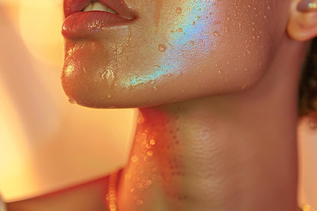 A close-up of hands applying a rich, luxurious face oil to a woman's cheek, with droplets visible and a healthy sheen on the skin, set against a cozy, warm-toned background.