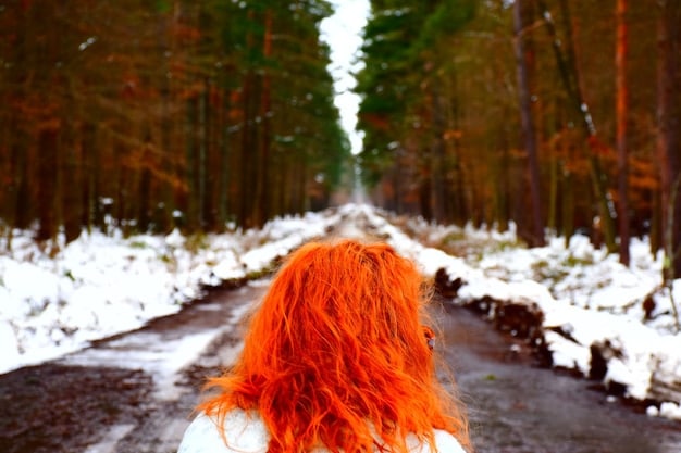 A close-up of a woman's hair, showcasing rich, multi-tonal auburn strands catching the light, with a blurred background of snowy trees.