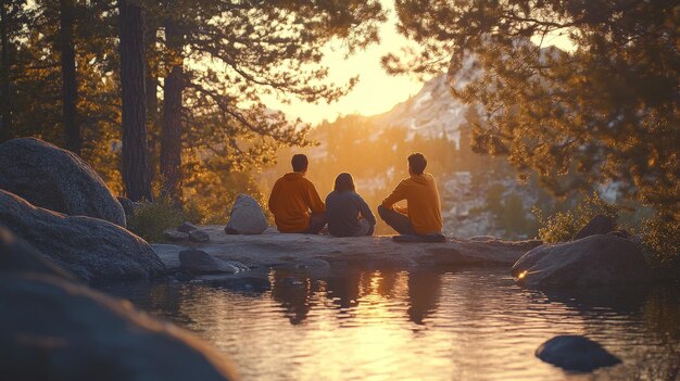 A group of friends doing yoga poses on a large, flat rock overlooking a serene lake at sunrise in a calm, misty spring morning, surrounded by blossoming trees.